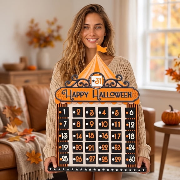 LiUMX Halloween Countdown Calendar Desktop Decoration, Circus Tent Style, Classic Orange and Black, Interactive Numbers, Reusable Plastic Home and Indoor Party Decor
