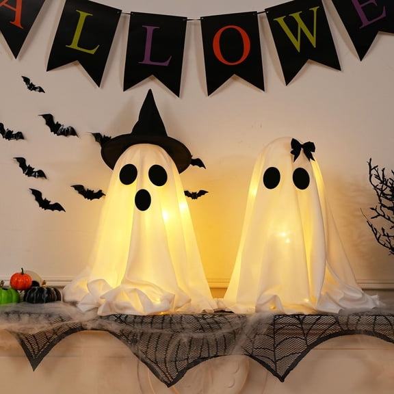 LiUMX Halloween Desktop Luminous Ghost Couple Decoration, Set of 2 Glowing Plastic Tabletop Decor, Soft Ambient Light Spooky Ornament, Battery Powered Halloween Display
