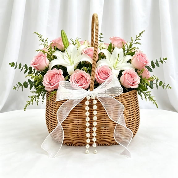 LiUMX Handwoven Rattan Flower Girl Basket, Brown Wedding Ceremony Basket with Elegant Ribbon and Pearl Decor, Rustic Country Style Party Decoration