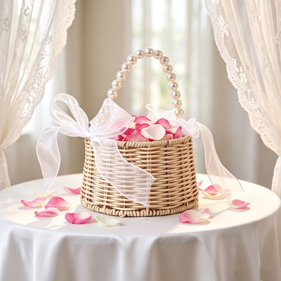 LiUMX Handwoven Rattan Wicker Basket With Handle, Khaki Rustic Wedding Flower Girl Basket, Ribbon and Pearl Decor, Farmhouse Garden Storage and Table Centerpiece
