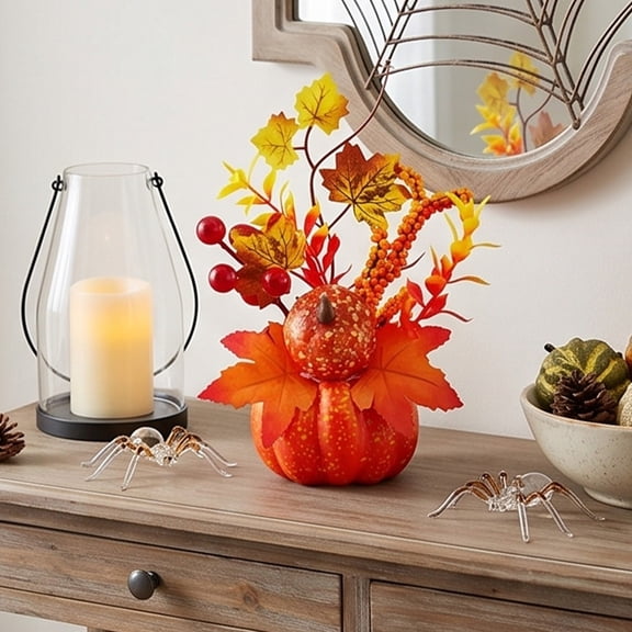 LiUMX Mini Artificial Pumpkin Table Centerpiece, Orange Plastic Foam Pumpkin With Sunflower, Maple Leaves and Berries, Fall Floral Arrangement for Thanksgiving Halloween Mantel Decor