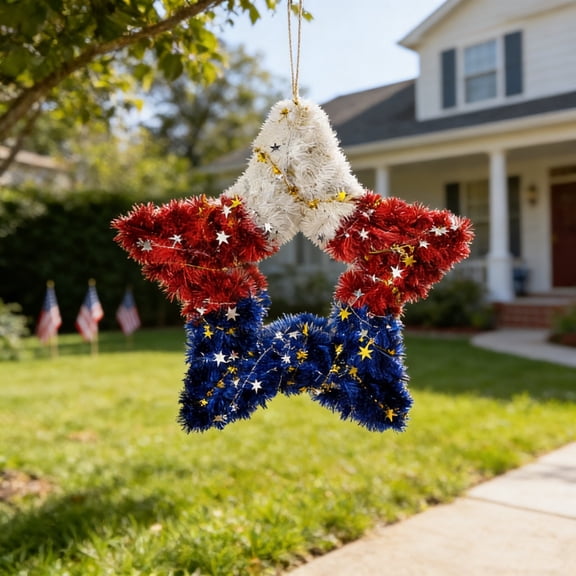 LiUMX Patriotic Star Wreath, 19.7 Inch Red White Blue Independence Day Wreath, Plastic | American Flag Design, for Front Door, Wall, 4th of July Decor