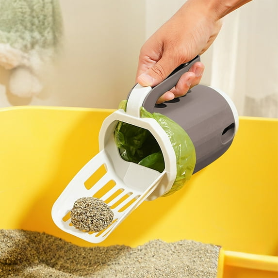 LiUMX Portable Cat Litter Scoopers with Waste Storage Container - 3-in-1 Litter Box Shovel, Holder & Disposal System, Lightweight Gray/Yellow/Green Plastic Design