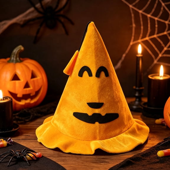 LiUMX Pumpkin Halloween Witch Hat, Soft Cloth Fabric Ruffled Pointed Hat with Face Applique, Foldable Costume Accessory for Halloween Parties and Fall Decor