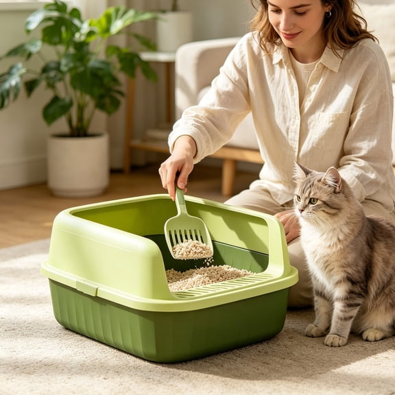 LiUMX Semi Enclosed Cat Litter Box With Shovel, Plastic Spray Proof Poop Basin, Low Entry Spill Guard, Spacious Easy-Clean Kitty Toilet, Yellow Pink Green