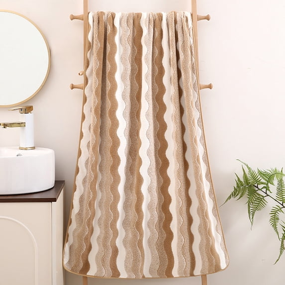 LiUMX Striped Corals Fleece Quick-Dry Towel, 75x35cm, Super Absorbent Polyester for Face, Bath & Hair, Soft Pink/Purple/Gray/Green/Brown