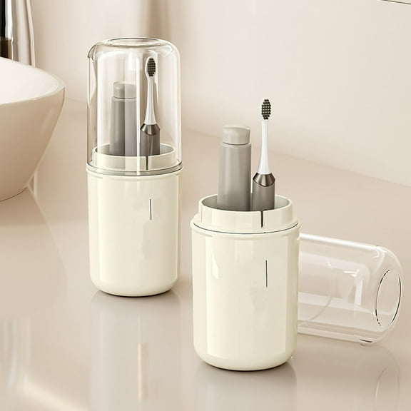 LiUMX Travel Dental Cup | Portable Toothbrush & Toothpaste Holder with Leak-Proof Lid | Compact Beige Storage Container for Brushing & Gargle Essentials