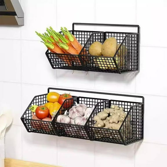 LiUMX Wall Mounted Ginger Garlic Storage Basket | Iron Kitchen Organizer Rack with Multiple Compartments | Waterproof Rustproof Spice Holder | Space Saving Wall Mount Shelf for Onions & Seasonings