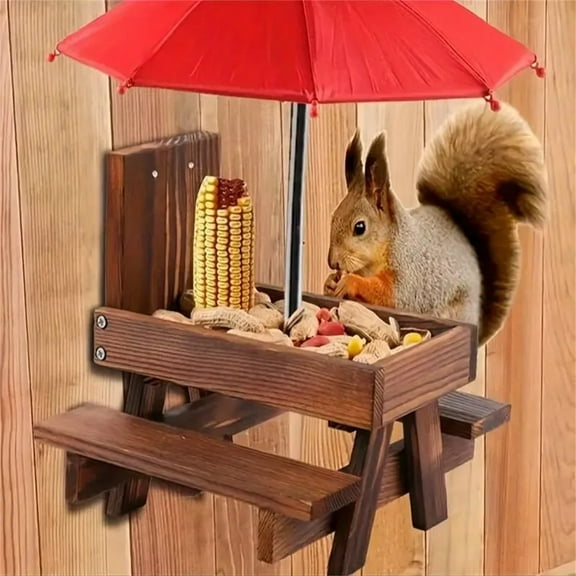 LiUMX Wooden Squirrel & Bird Feeder with Benches, 21x18x18cm Outdoor Garden Hanging Feeder for Corn Nuts, Solid Wood Weather-Resistant Pet Feeder with Flag