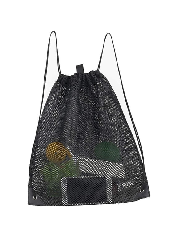 Black Mesh Drawstring Backpack, Lightweight Portable Mesh Storage Bag for Sports Grocery Shopping Travel