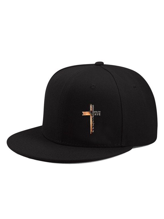 Cross Scripture Print Flat Brim Snapback Hat, Adjustable Hip Hop Baseball Cap, Classic Black Twill Outdoor Sun Hat for Men Women