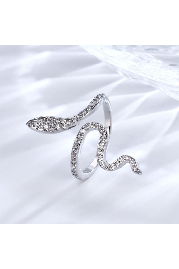 Crystal Pave Double Snake Open Ring, Adjustable Silver Wrap Snake Band Ring, Sparkly Rhinestone Statement Finger Jewelry for Women