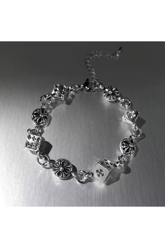Vintage Antique Silver Dice & Floral Beaded Bracelet, Adjustable Retro Metal Chain Bracelet, Gothic Punk Daily Stackable Wrist Jewelry