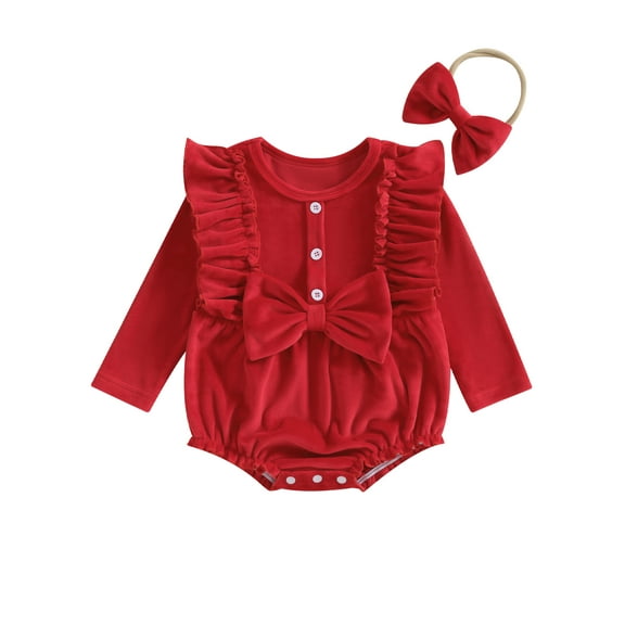 Liacowi 0-18M Christmas Infant Baby Girls Clothes Set Long Sleeve Crew Neck Ruffle Button Romper Headband Newborn Girls 2 Piece Fall Christmas Outfit