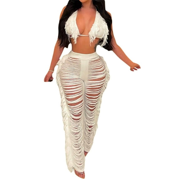 Liacowi 2PCS Women Sexy Crochet Bikini Cover Up Knit Tassel Halter Crop Top+Hollow Out Pants Sets Summer Beachwear