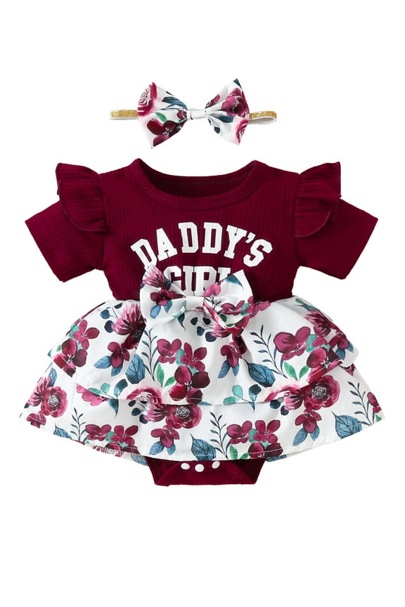 2Pcs Baby Girls Father's Day Outfit Short Sleeve Letter Floral Print Romper Dress + Headband Set 0-18 Months Newborn Girl Summer Clothes