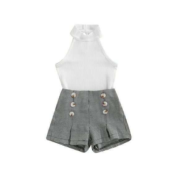 Liacowi 2Pcs Girls Summer Outfits Clothes Set, Halterneck Sleeveless Tank Tops + Plaid Button High Waist Shorts