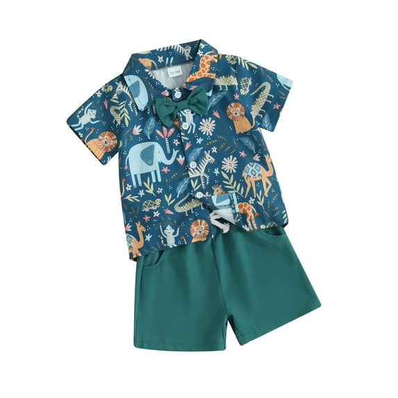Liacowi 2Pcs Kids Boy Gentleman Suit Outfit Cartoon Animal Print Short Sleeve Button Shirt with Solid Color Shorts 1T 2T 3T 4T 5T Toddler Boys Birthday Party Formal Clothes
