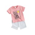 thumbnail image 1 of Liacowi 2Pcs Kids Girls Easter Clothes Toddler Baby Girls Summer Beach Outfit 6M 1T 2T 3T Short Sleeve Letter Print Tops + Elastic Waist Shorts, 1 of 9