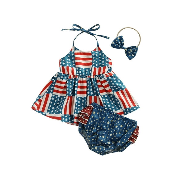 Liacowi 2Pcs Summer Toddler Kid Girls Independence Day Clothes Sets Star Striped Pattern Print Tie-up Halter Tunic Tops with Ruffle Shorts July 4th