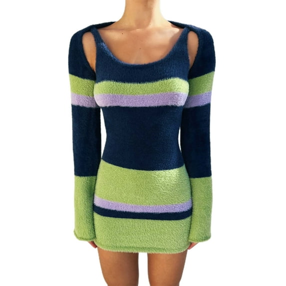 Liacowi 2pcs Women Fall Outfit Sets Sleeveless Striped Skinny Backless Mini Dress + Long Sleeve Shawl Crop Tops