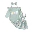 thumbnail image 1 of Liacowi 3pcs Baby Girls Birthday Outfits Set Long Sleeve Ruffle Letter Print Romper Tops + Daisy Print Suspender Skirt + Headband Set, 1 of 9