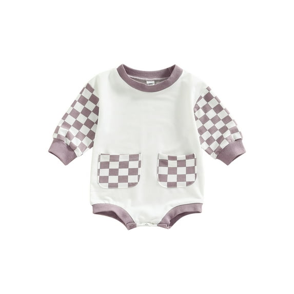 Liacowi Baby Boy Girl Checkerboard Sweatshirt Romper Long Sleeve Pullover Plaid Patchwork Outfit Infant Toddler Fall Clothes