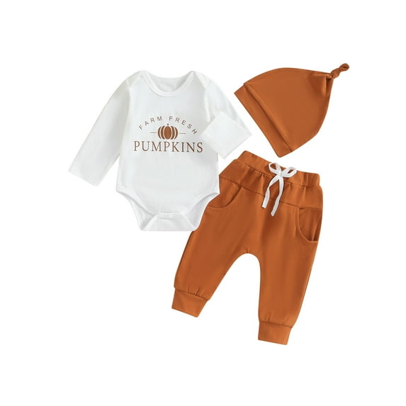 Liacowi Baby Boy Girl Halloween Clothes Set 3 6 12 18 24 Months Newborn Letter Print Long Sleeve Crew Neck Romper Long Pants Hat 3PCS Infant Fall Halloween Outfits
