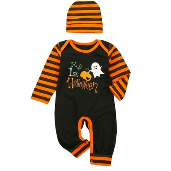 Liacowi Baby Boy Halloween Clothes Pumpkin Print Long Sleeve Romper Jumpsuit and Beanie for Infant Toddler Fall Outfit