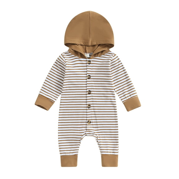 Liacowi Baby Boy Jumpsuit 3M 6M 12M 18M Infant Boys Long Sleeve Striped Print Hooded Button Romper Newborn Boy Fall Clothes