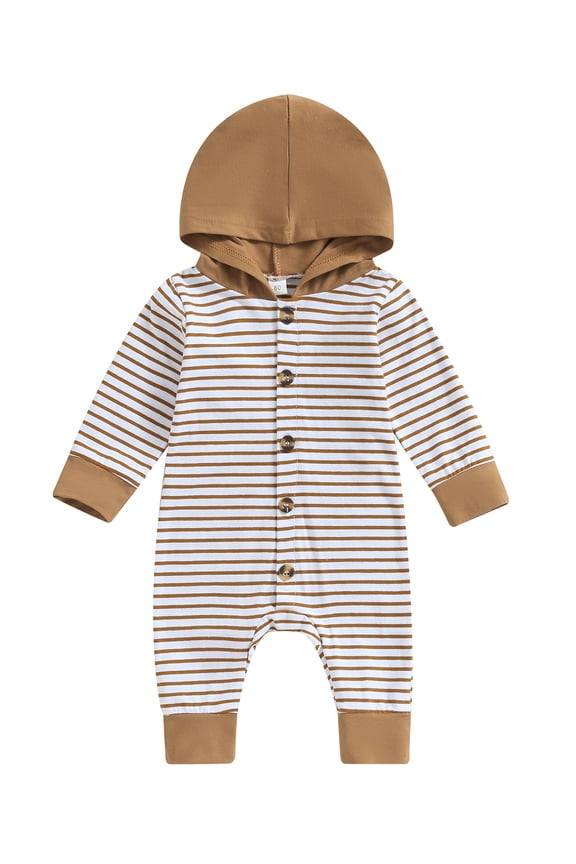Baby Boy Jumpsuit 3M 6M 12M 18M Infant Boys Long Sleeve Striped Print Hooded Button Romper Newborn Boy Fall Clothes