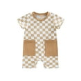 thumbnail image 1 of Liacowi Baby Boys Girls Checkerboard Printed Jumpsuit, Round Neck Short Sleeve Short Romper with Pockets,0-24M, 1 of 8