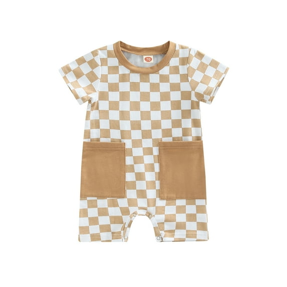 Liacowi Baby Boys Girls Checkerboard Printed Jumpsuit, Round Neck Short Sleeve Short Romper with Pockets,0-24M