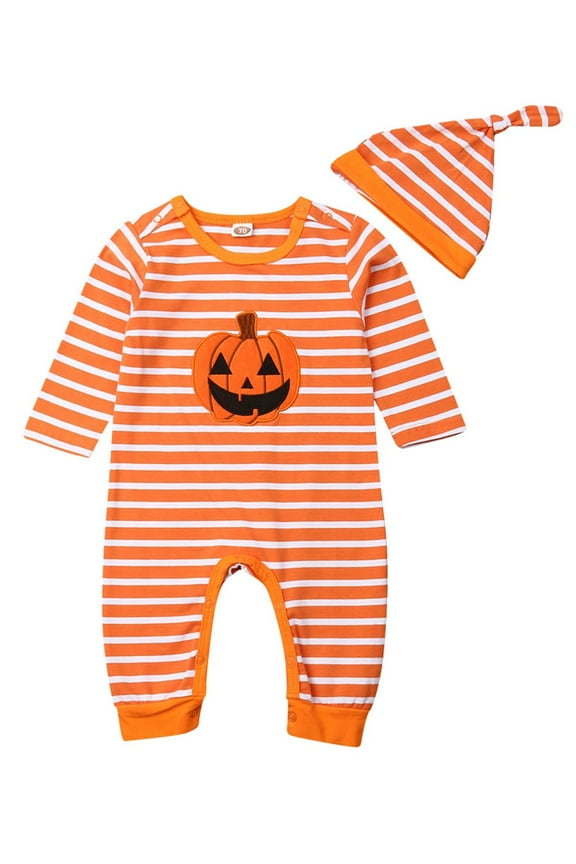 Baby Boys Halloween Jumpsuits Infant Halloween Clothes Pumpkin Striped Print Long Sleeve Crew Neck Footies Romper Newborn Fall Playsuit and Beanie