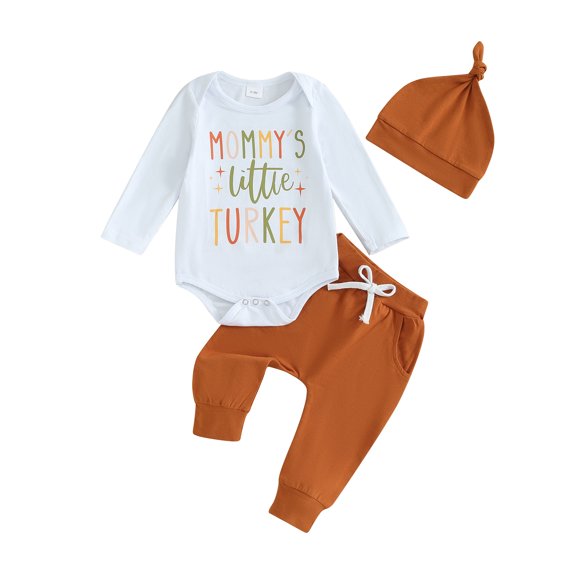 Liacowi Baby Boys Thanksgiving Outfits Set Long Sleeve Letter Print Romper Drawstring Pants Hat Sets 3M 6M 12M 18M Newborn Boys 3PCS Fall Winter Clothes
