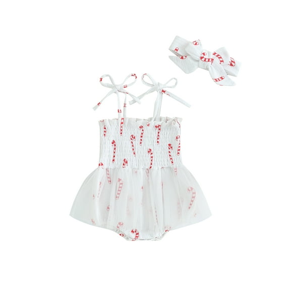 Liacowi Baby Girl Christmas Clothes Cane/Christmas Tree Print Sleeveless Romper Dress and Headband 2 Piece Outfits