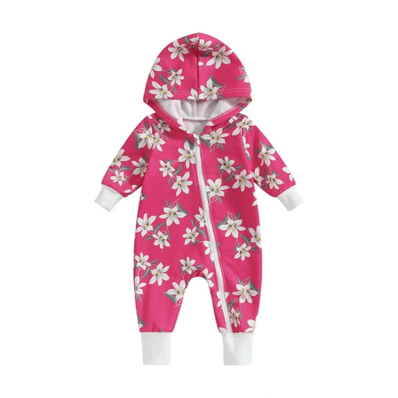 Liacowi Baby Girl Fall Jumpsuits Long Sleeve Floral Print Zip Up Hooded Rompers Newborn Winter Outfit