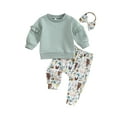 thumbnail image 1 of Liacowi Baby Girl Fall Outfits Ruffle Long Sleeve Sweatshirt + Cow Print Pants + Headband Set Toddler Clothes, 1 of 8