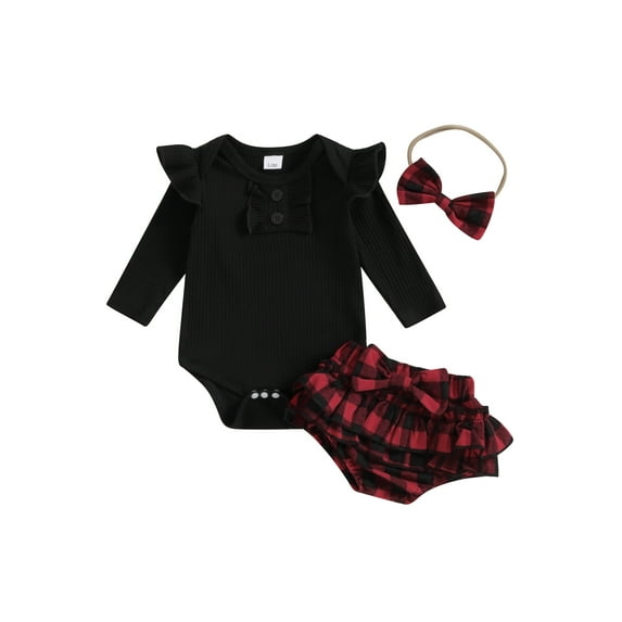 Liacowi Baby Girl Fall Outfits Solid Color Crew Neck Long Sleeve Ribbed Rompers + Ruffles Plaid Shorts + Headband 3M 6M 12M 18M Infant Girls 3Pcs Cute Clothes Set