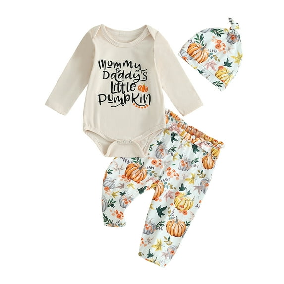 Liacowi Baby Girl Halloween Clothes Set 3 6 12 18 Months Newborn Girls Letter Print Long Sleeve Crew Neck Romper Pumpkin Long Pants Hat 3PCS Infant Fall Halloween Outfits