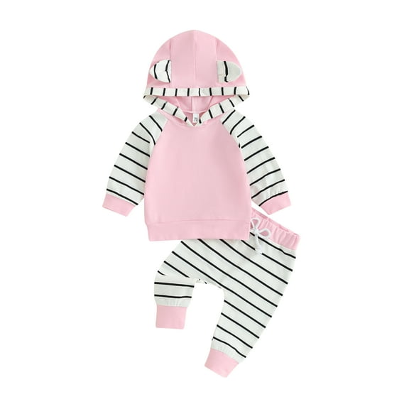 Liacowi Baby Girls 2PCS Outfits Sets Infant Girls Long Sleeve Contrast Color Hoodie Tops Striped Pants Sets Newborn Girl Fall Clothes 0-24 Months