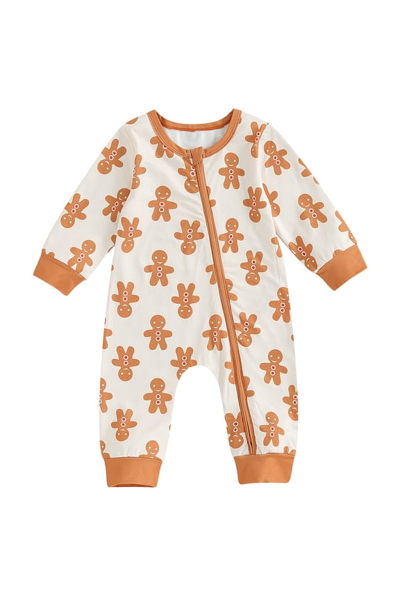Baby Girls Boys Clothes Infant Fall Christmas Jumpsuit Long Sleeve Crew Neck Gingerbread Man Print Romper 0-18M