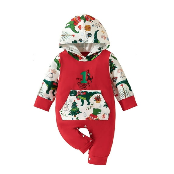 Liacowi Baby Girls Christmas Hooded Romper Long Sleeve Cartoon Dinosaur Print Jumpsuit