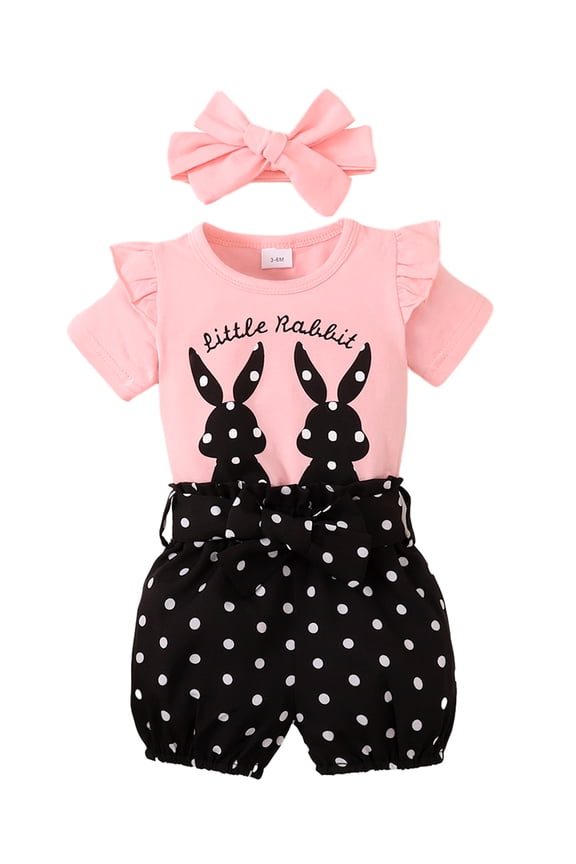 Baby Girls Easter 3Pcs Outfits Bunny Print Short Sleeve T-Shirt and Dot Shorts Headband Set 3M 6M 9M 12M 18M Infant Girls Summer Clothes