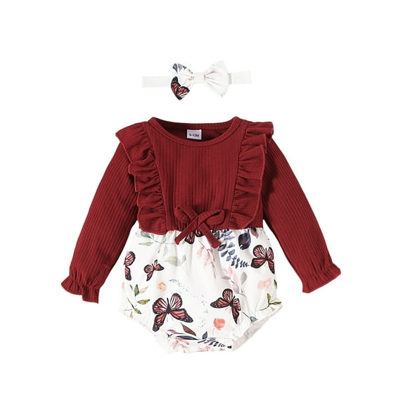 Liacowi Baby Girls Fall Casual Romper Long Sleeve Crewneck Butterfly Print Patchwork Bodysuit 3M 6M 9M 12M 18M Infant One Piece Clothes Headband