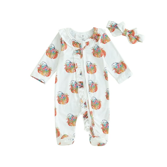 Liacowi Baby Girls Halloween Jumpsuits Infant Halloween Clothes Pumpkin Flower Print Long Sleeve Footies Romper Newborn Fall Playsuit with Headband