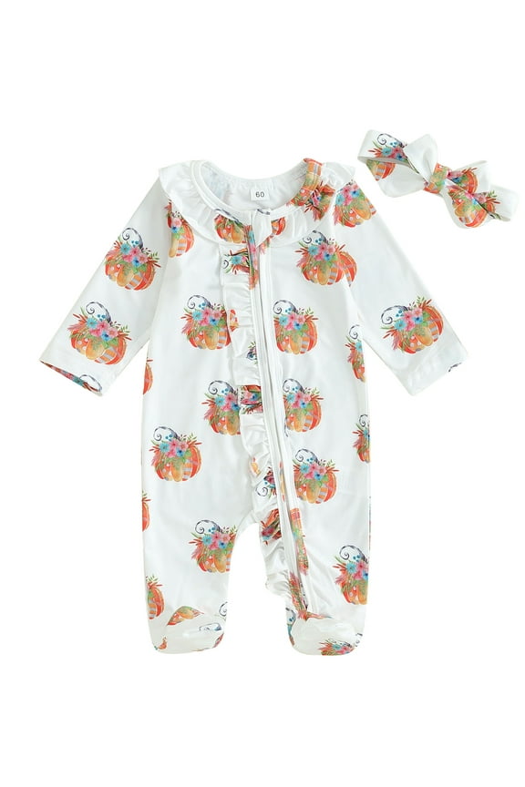 Baby Girls Halloween Jumpsuits Infant Halloween Clothes Pumpkin Flower Print Long Sleeve Footies Romper Newborn Fall Playsuit with Headband