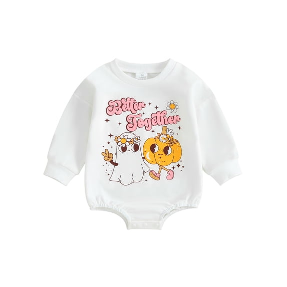 Liacowi Baby Girls Halloween Romper Letter Pumpkin Ghost Print Long Sleeve Bodysuits 3 6 12 18 Months Newborn Spring Autumn Infant Halloween Costume