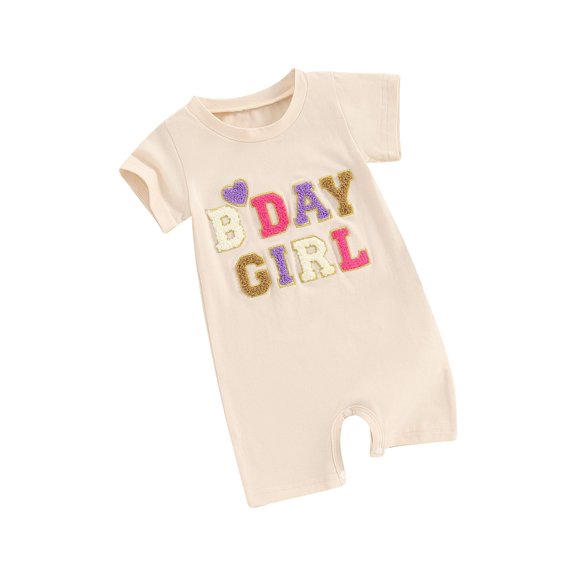 Liacowi Baby Girls One Birthday Romper 3M 6M 9M 12M 18M Infant Round Neck Short Sleeve Letter Heart Embroidery Jumpsuit Newborn Summer One Piece Clothes