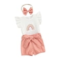 thumbnail image 1 of Liacowi Baby Girls Summer 3Pcs Clothes 3M 6M 12M 18M 24M Infant Newborn Girls Fly Sleeve Embroidery Rainbow Romper with Belted Shorts and Hairband Set, 1 of 9